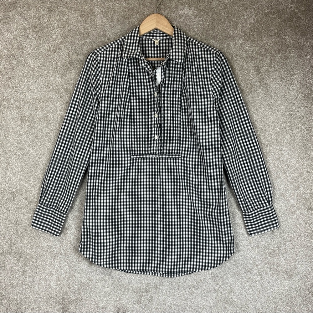 J Crew Tunic Womens Extra Small Black White Check Cotton Pullover Collared-4461